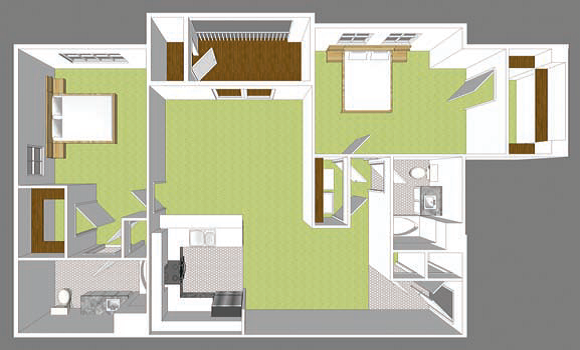Floor plan for 2 beds, 2 baths, 1288 sqft